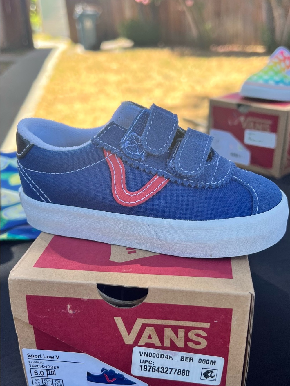 Vans Kids Navy Blue Velcro Sneakers with Red Accent